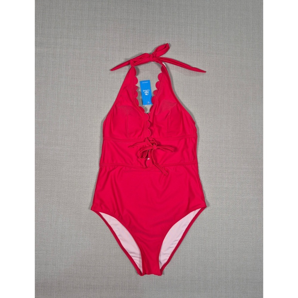 Cupshe Womens Red‎ Scalloped Halter Tie Front One Piece Swimsuit Size M NEW